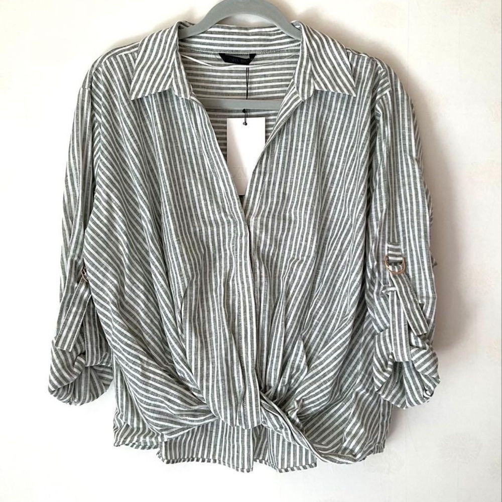 NWT Zara Green and White Striped Long Sleeve Linen Blend Oversized Top, sz XS